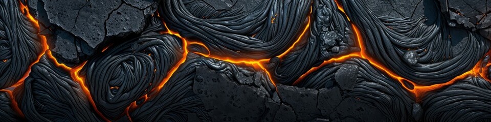 A close-up view of a rock wall with fiery flames bursting out, creating a vivid and dynamic scene. Banner. - obrazy, fototapety, plakaty
