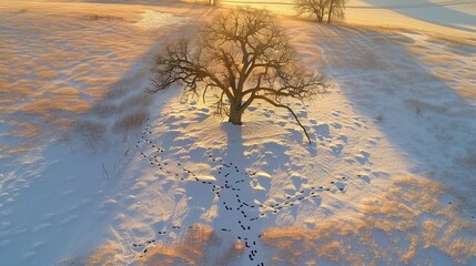 color photo of the breathtaking golden hour light illuminating a solitary oak tree, its elongated shadow stretching across a tranquil snow-covered field,  