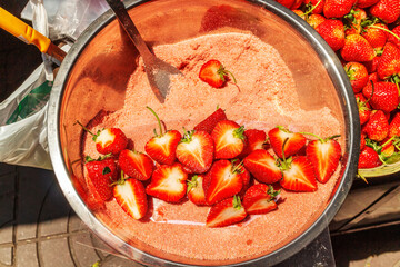 Strawberries in a pan of sugar spice