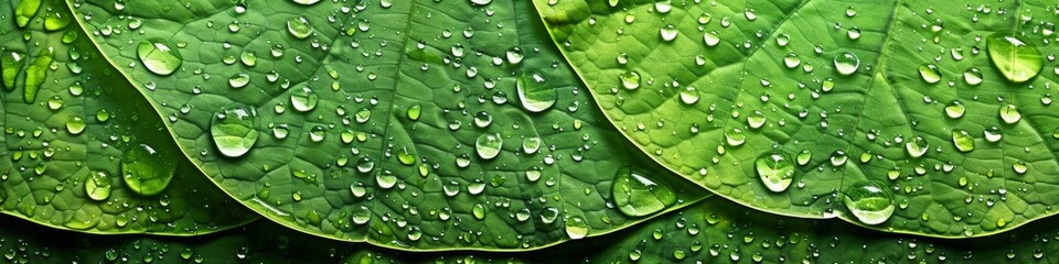 Several green leaves covered in water droplets. Banner. - obrazy, fototapety, plakaty