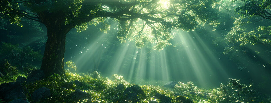 wide panoramic natural background image of morning sunrise coming through trees in a forest  