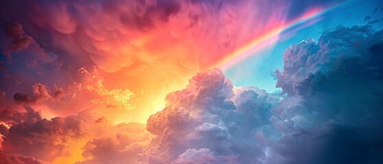 Rainbow against stormy sky, close up, vibrant colors, dramatic contrast - obrazy, fototapety, plakaty