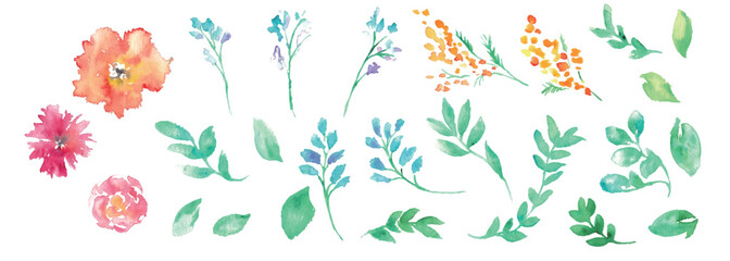 Fototapeta na wymiar 水彩画。水彩タッチの花と草木のベクターイラスト。植物のフレーム。Watercolor painting. Vector illustration of flowers and plants with watercolor touch. Frame of plants.