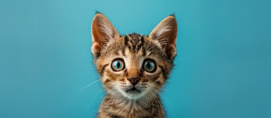 A charming kitten with striking blue eyes staring directly at the camera with curiosity and innocence