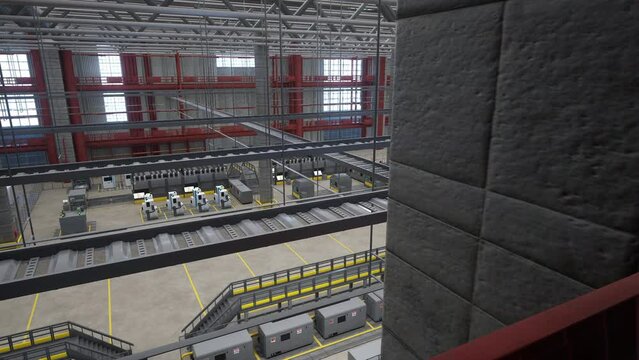 Industrial factory showcasing rows of high tech machines and assembly lines, 3D animation panning shot. Manufacturing equipment in logistics depot with automatized processes