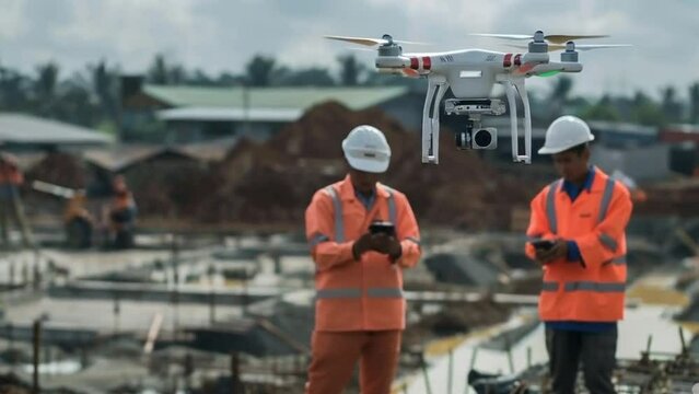 Construction workers are operating drones