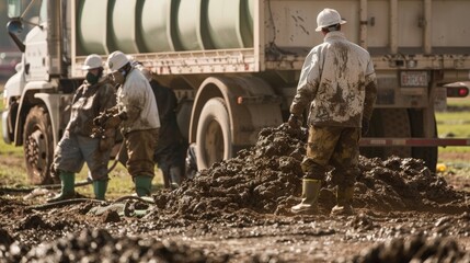 A group of workers in protective gear unload a truckload of manure ready to be fed into the biofuel production machinery. .
