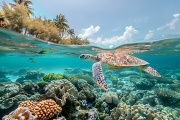 Sea turtle swimming in coral reef underwater.