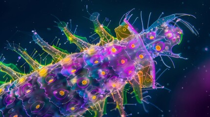 A closeup view of a single dazzlingly colorful plankton its body woven with intricate neon patterns and shades of purple green and
