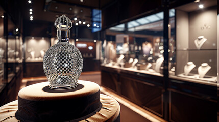 A luxurious, diamond-encrusted bottle mockup on a velvet pedestal in a high-end jewelry store. 32k, full ultra hd, high resolution