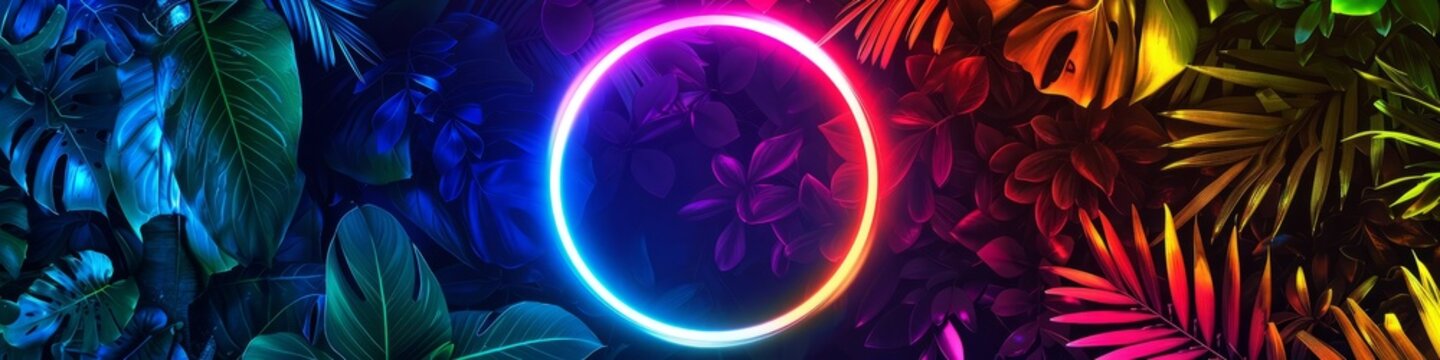 Colorful wall with a rainbow neon light circle in the center with a halo effect. Copy space.