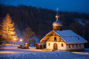Eastern European country church in forest in snow at twilight