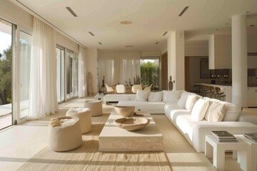 Spacious, bright living room with white furniture and large windows.