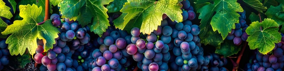 Ripe grapes clustered and hanging from a vine in a vineyard. Banner. - obrazy, fototapety, plakaty