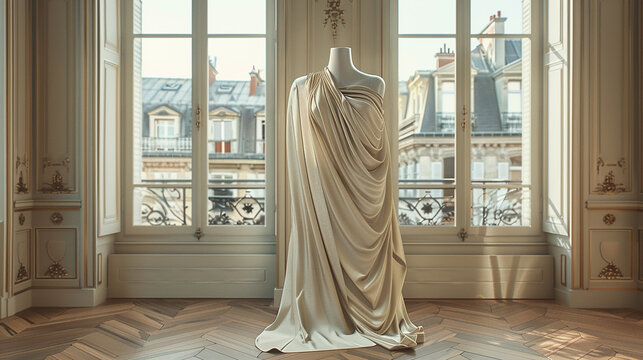 A luxurious, silk blank mockup shirt draped elegantly on a vintage mannequin in a classic Parisian apartment. 32k, full ultra hd, high resolution