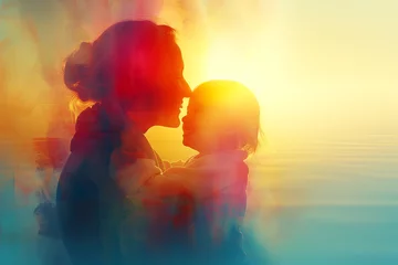 Deurstickers Woman cradles child under sunset sky, sharing moment of happiness and warmth © Bonya Sharp Claw