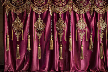 A luxurious silk fabric backdrop in a rich jewel tone, accented with gold embroidery and hanging tassels, providing an opulent and majestic setting. 32k, full ultra hd, high resolution