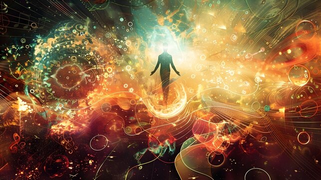 Surreal Figure Floating in Vibrant and Ethereal Musical Landscape with Abstract Shapes and Patterns in Detailed Digital Art Style