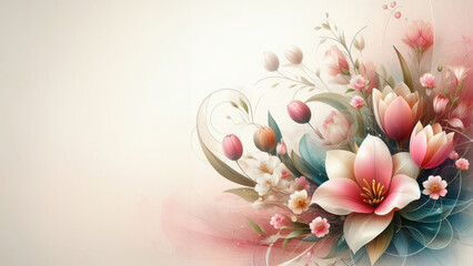 Abstract Background with spring flowers and pink tulips. Happy Mother's Day. spring, summer banner with copy space