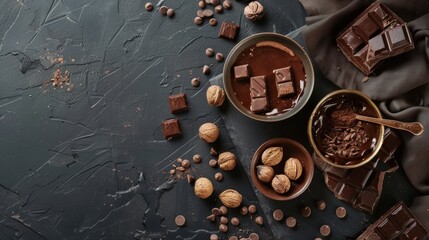 The concept of World Chocolate Day. Various chocolates in dark color. Space for text. Food background - obrazy, fototapety, plakaty
