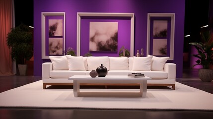 A soft white sofa contrasting beautifully against a regal violet wall, adding a touch of elegance to the room.
