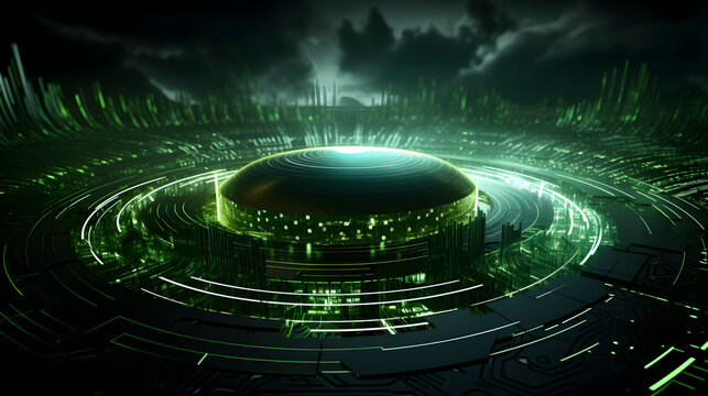 Digital technology green glowing circle scene abstract graphic poster web page PPT background