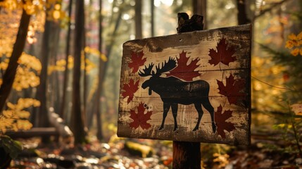Blank mockup of autumninspired campground welcome sign with leaves and a moose silhouette . - obrazy, fototapety, plakaty