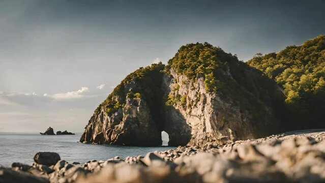 Close up view of rock on the beach with  a serene landscape video showcasing nature's beauty. 4k HDR