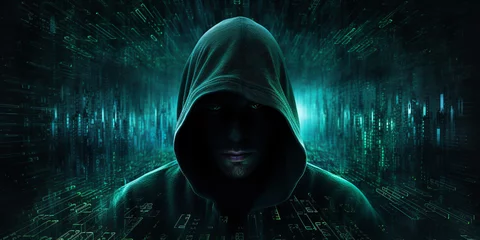 Fotobehang Digital Shadows: A detailed render of a hooded figure in the digital shadows, eyes glowing with data streams, symbolizing the hidden threats of cyber crime, isolated on a shadow net background, © Supapich