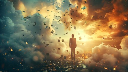 Surreal Dreamscape of a Floating Businessman Amid a Swirl of Flying Money and Coins Symbolizing Financial Freedom and Prosperity - obrazy, fototapety, plakaty