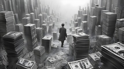 Businessman Trapped in a Surreal Financial Landscape of Towering Banknotes and Coins - obrazy, fototapety, plakaty