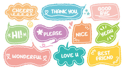 Set of positive words with colorful speech bubble. Compliment phase in variety abstract shape memo box, chat frame. Hand drawn style with crayon cute stickers label praise message. Cheers, love, best