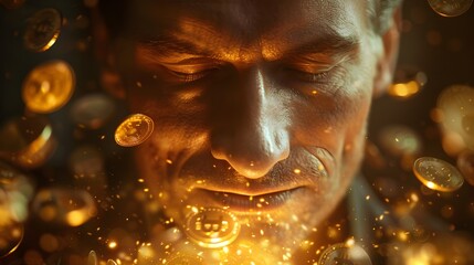 Businessman in Deep Surrounded by Mesmerizing Aura of Floating Gold Coins and Warm Lighting
