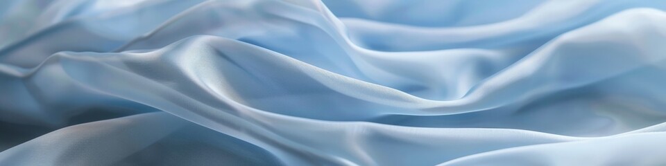 Fototapeta premium Detailed close-up of soft light blue fabric with delicate creases gently flowing over white fabric. Background. Banner.