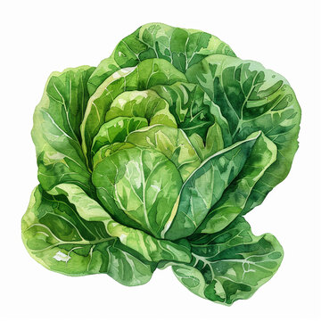 A Watercolor Painting Of A Large Green Head Of Lettuce