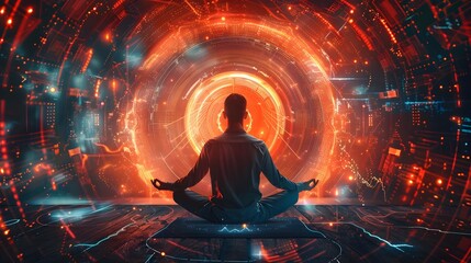 Businessman Meditating in Futuristic Circuitry Energy Field - Concept of Mindfulness and Inner Journey in the Digital Age