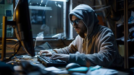 Scammer Sitting at Computer in Dark,Messy Room with Open Window