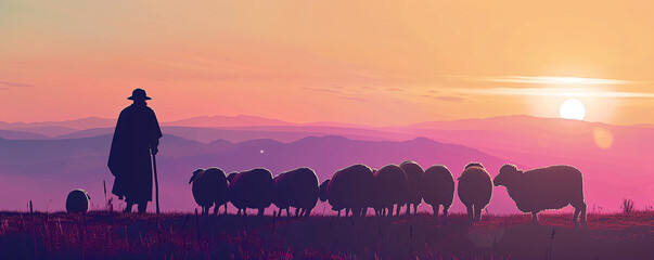 Shepherd Jesus Christ leading the sheep and praying to God. Jesus silhouette background in the field on sunrise. Biblical illustration. Religion concept - obrazy, fototapety, plakaty