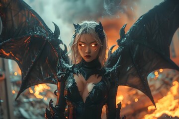 Fierce Mutant Hybrid Warrior with Dragon Wings Stands Amidst Burning City Apocalypse - obrazy, fototapety, plakaty