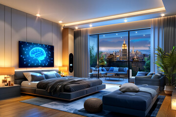 Fototapeta premium Collage. Interior of a room in a house connected to artificial intelligence.