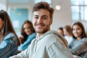 Fototapeta premium Happy student smiling in a bright classroom
