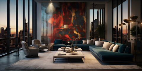  A chic lounge area with velvet sofas and geometric coffee tables, set against a backdrop of abstract art and floor-to-ceiling windows overlooking a bustling cityscape.