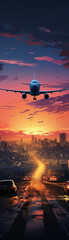 Fototapeta premium The silhouette of an airplane descending towards an airport runway at dusk, navigation lights glowing, rendered against a journey's end background, highlighting the precision and grace of landing,