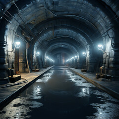 A hyper-realistic render of an underground tunnel, the engineering and construction visible, isolated on a hidden depths background, showcasing the architectural marvel of tunnel construction,