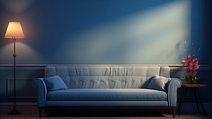 A cozy corner with a soft blue sofa against a calming blue backdrop, perfect for unwinding.