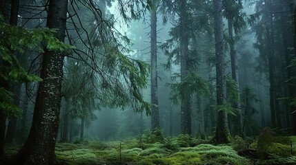 A dense forest shrouded in fog evokes an ethereal and mysterious atmosphere. Fantasy landscape. Generative AI
