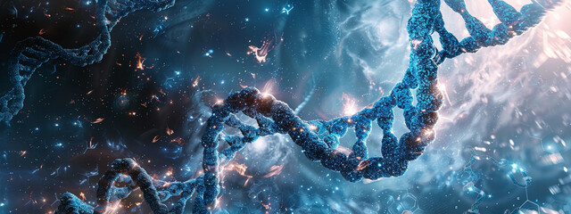 Zero-gravity laboratory genetic engineers float among spiraling DNA helices - obrazy, fototapety, plakaty