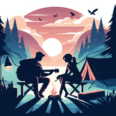 Free vector Shadow Man is playing guitar and Shadow Woman is listening at their camping trip at night