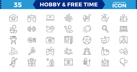 Hobby thin line icons set: reading, gaming, gardening, photography, cooking, sewing, fishing,Set of thin line web icon set, simple outline icons collection, Pixel Perfect icons.