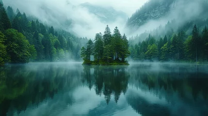  Fog blankets a tranquil lake nestled among trees on a mountain, creating a serene and mystical scene. Generative AI © kovalovds
